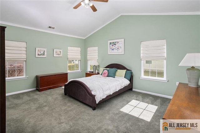 bedroom featuring lofted ceiling, visible vents, carpet flooring, and ornamental molding