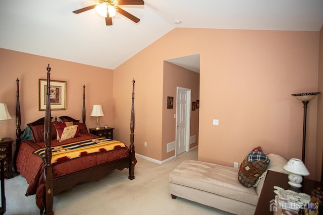 bedroom with a ceiling fan, visible vents, baseboards, lofted ceiling, and light carpet