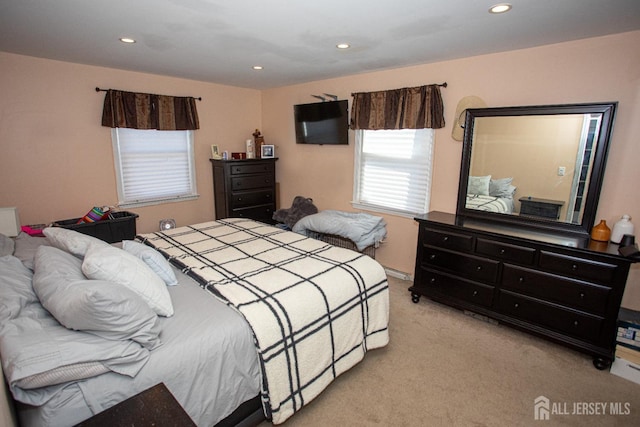 bedroom featuring recessed lighting and light colored carpet