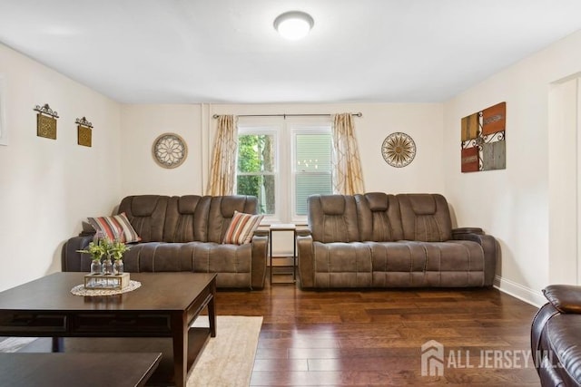 living area with baseboards and dark wood-style floors