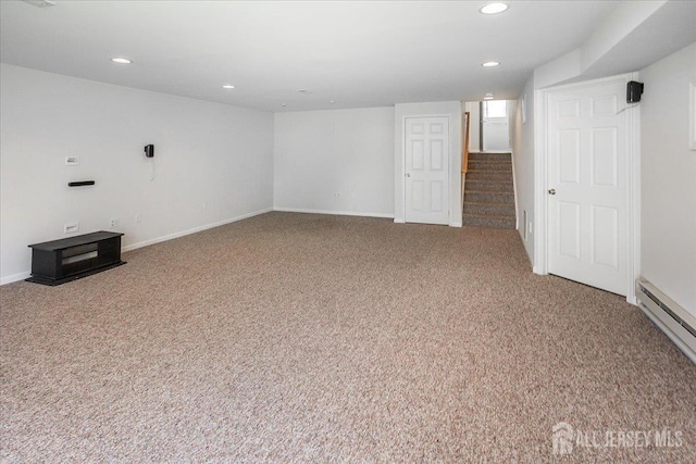 24 Hanna Ln, Old Bridge, NJ 08879 - unfurnished room with carpet, recessed lighting, a baseboard heating unit, and stairs
