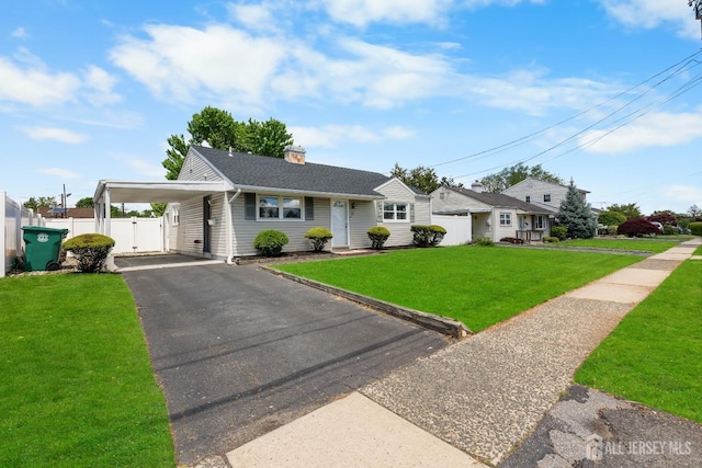 view of front facade with driveway, a carport, a chimney, and a gate