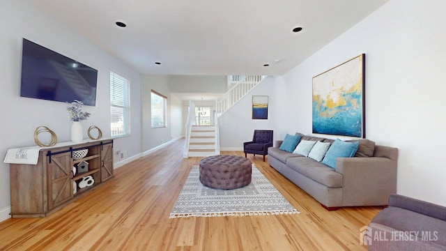 15-A Avenue B, Helmetta, NJ 08828 - living room featuring stairs, light wood finished floors, baseboards, and recessed lighting