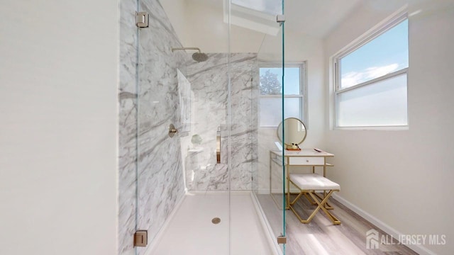 15-A Avenue B, Helmetta, NJ 08828 - full bath featuring a marble finish shower, vanity, and wood finished floors