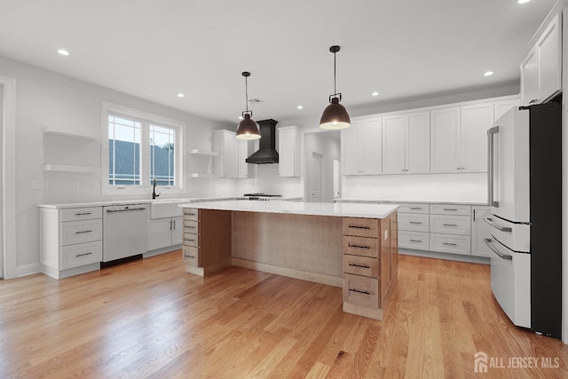 9 Links Dr, Edison, NJ 08820 - kitchen with white appliances, open shelves, wall chimney range hood, a center island, and light countertops