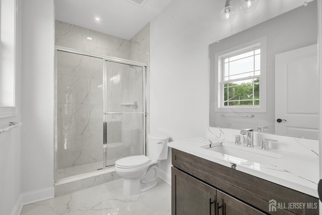 9 Links Dr, Edison, NJ 08820 - bathroom featuring marble look tiles, vanity, a marble finish shower, and recessed lighting
