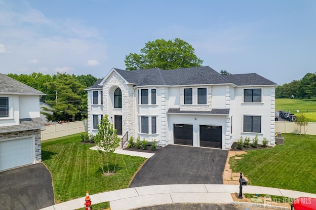 9 Links Dr, Edison, NJ 08820 - view of front facade featuring asphalt driveway, stone siding, an attached garage, and stucco siding