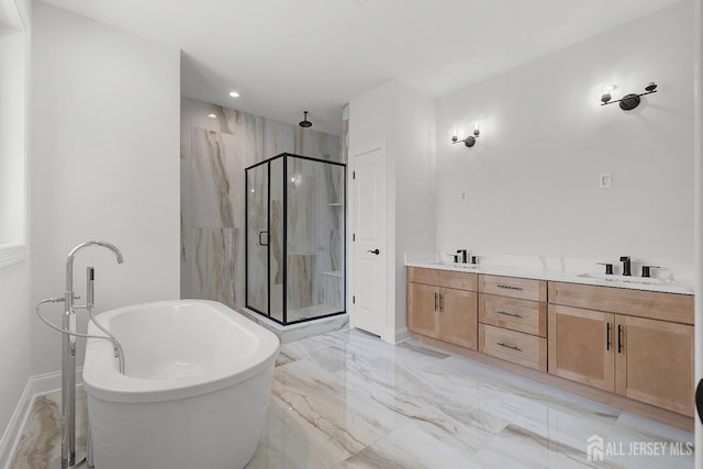 9 Links Dr, Edison, NJ 08820 - full bath with marble tiled flooring, a marble finish shower, a soaking tub, and double vanity