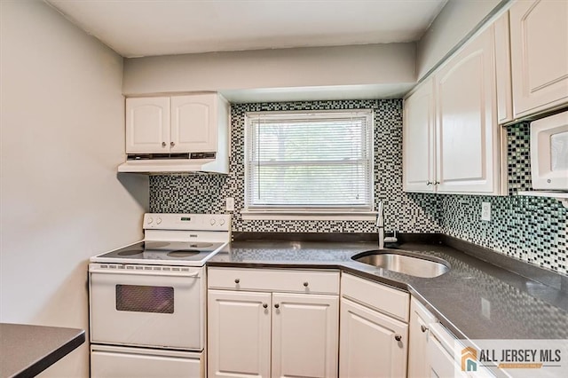 530 Andria Ave Unit 295, Hillsborough, NJ 08844 - kitchen with electric range, under cabinet range hood, dark countertops, white cabinetry, and tasteful backsplash