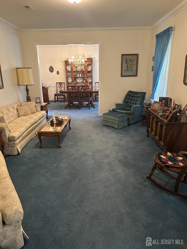 140 Bunker Hill Rd, Franklin Twsp, NJ 08540 - living area with ornamental molding, a chandelier, and carpet flooring