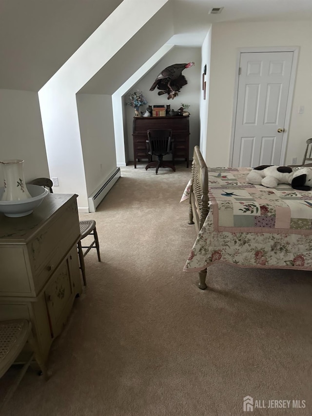 140 Bunker Hill Rd, Franklin Twsp, NJ 08540 - bedroom with a baseboard heating unit, light carpet, and vaulted ceiling