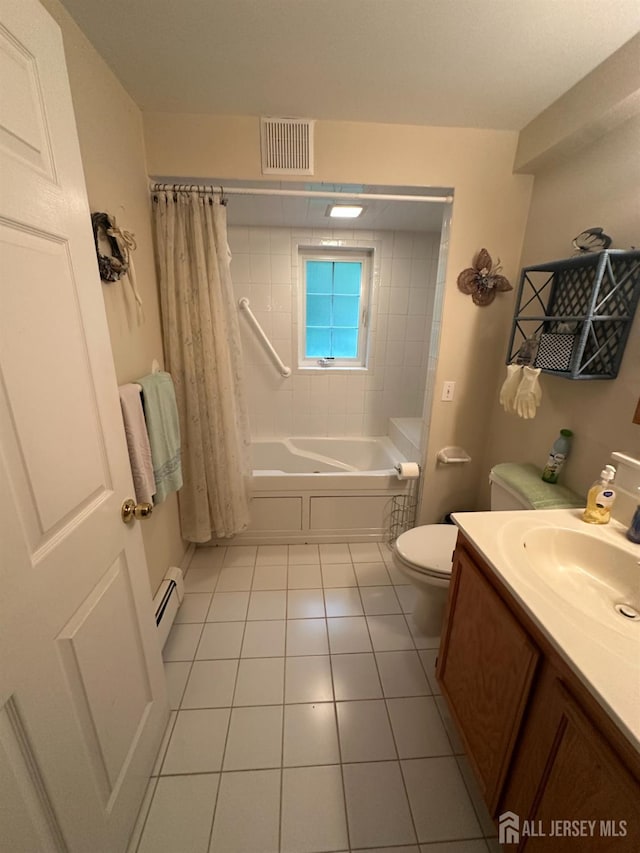 140 Bunker Hill Rd, Franklin Twsp, NJ 08540 - full bathroom featuring vanity, tile patterned flooring, a baseboard radiator, and shower / bath combination with curtain