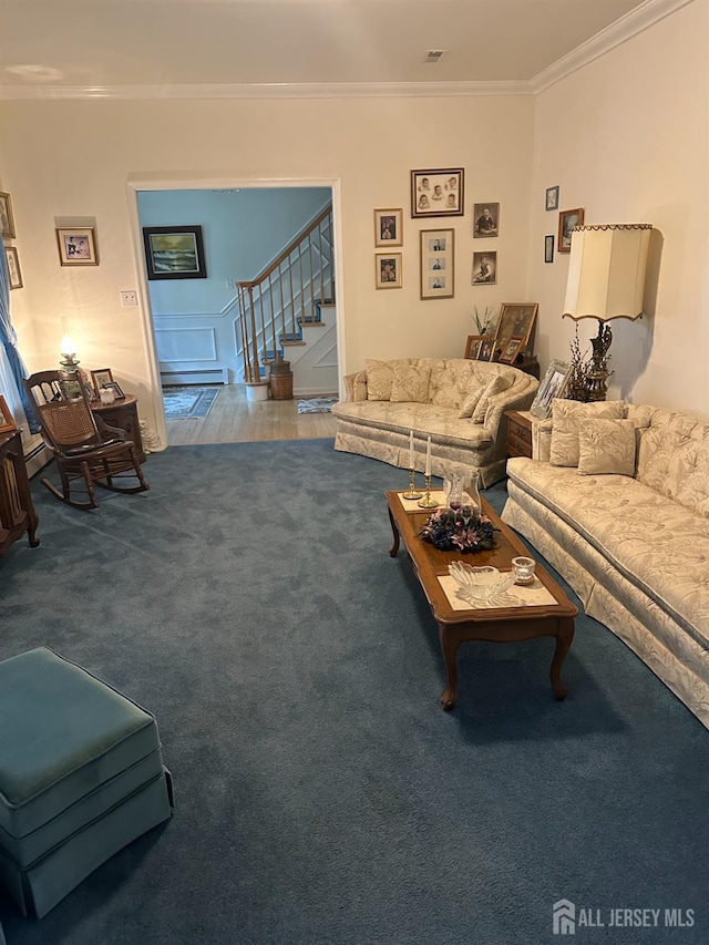140 Bunker Hill Rd, Franklin Twsp, NJ 08540 - living room featuring stairs, ornamental molding, and carpet flooring
