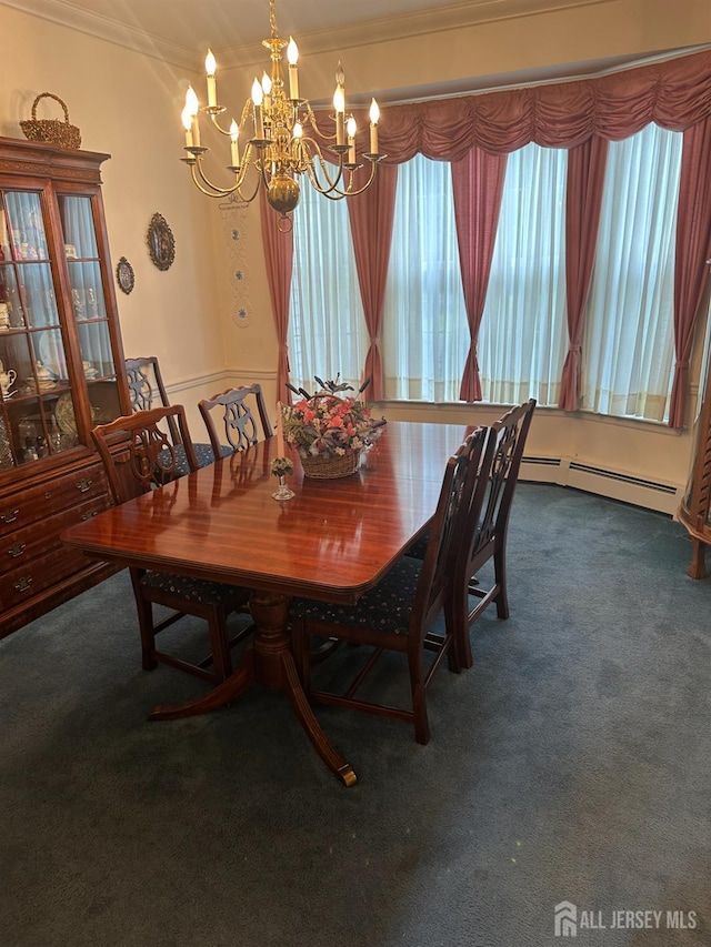 140 Bunker Hill Rd, Franklin Twsp, NJ 08540 - dining room with a chandelier, crown molding, a baseboard radiator, and carpet flooring