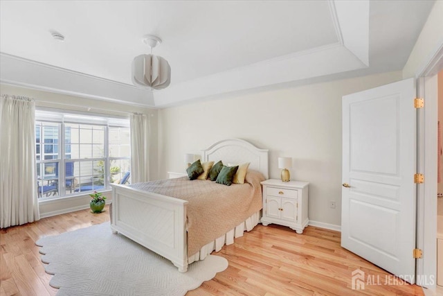 595 Waterside Blvd, Monroe, NJ 08831 - bedroom with baseboards, a tray ceiling, and light wood-style floors