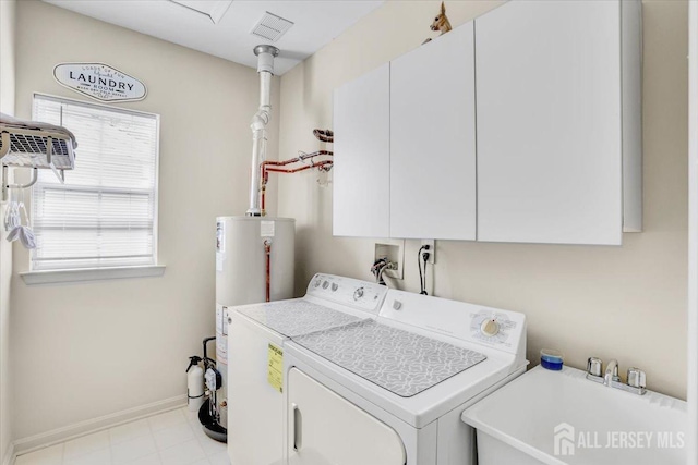 595 Waterside Blvd, Monroe, NJ 08831 - laundry area featuring water heater, visible vents, a sink, separate washer and dryer, and cabinet space