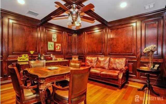 34 Line Rd, Holmdel, NJ 07733 - dining area featuring crown molding, wood finished floors, ceiling fan, and recessed lighting