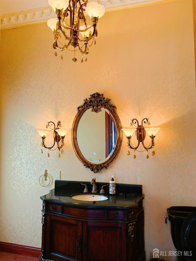 34 Line Rd, Holmdel, NJ 07733 - bathroom featuring a chandelier, vanity, and wood finished floors