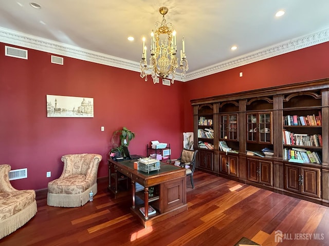 34 Line Rd, Holmdel, NJ 07733 - office with a chandelier, wood finished floors, recessed lighting, and crown molding