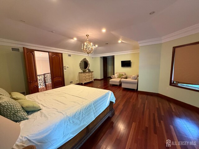 34 Line Rd, Holmdel, NJ 07733 - bedroom with ornamental molding, wood finished floors, a chandelier, and recessed lighting