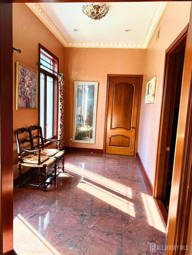 34 Line Rd, Holmdel, NJ 07733 - hallway with ornamental molding and marble tiled floors