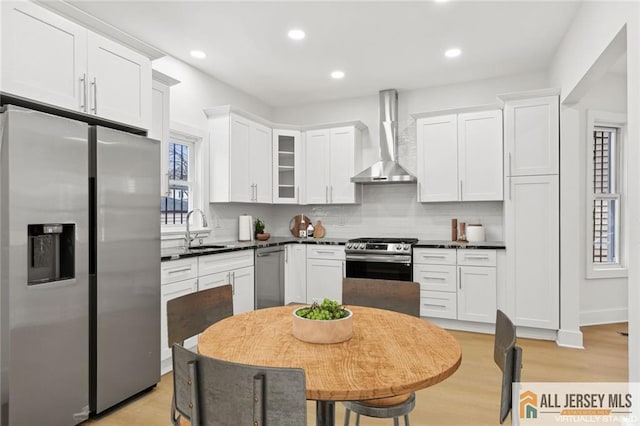 kitchen featuring dark countertops, tasteful backsplash, stainless steel appliances, wall chimney exhaust hood, and a sink