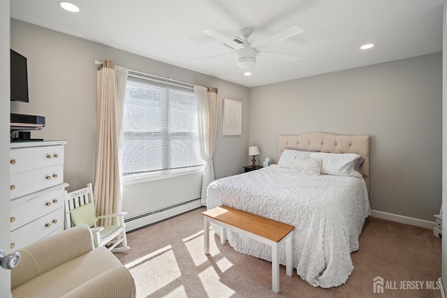 242 Green St, Old Bridge, NJ 08857 - bedroom with a baseboard radiator, multiple windows, carpet floors, recessed lighting, and ceiling fan