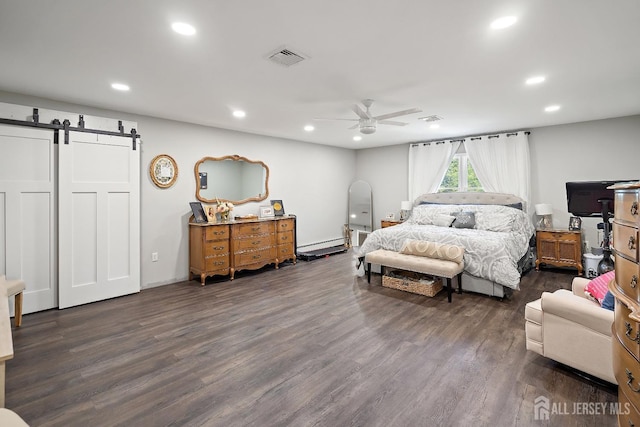 242 Green St, Old Bridge, NJ 08857 - bedroom featuring a barn door, dark wood finished floors, recessed lighting, a baseboard heating unit, and ceiling fan