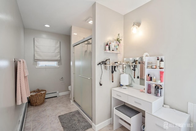 242 Green St, Old Bridge, NJ 08857 - bathroom featuring a stall shower and a baseboard radiator