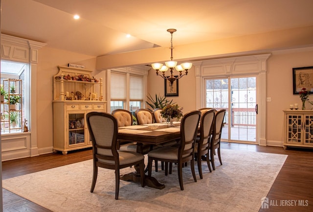 20 Wedgewood Ct, East Brunswick, NJ 08816 - dining space with baseboards, an inviting chandelier, recessed lighting, and dark wood-style floors