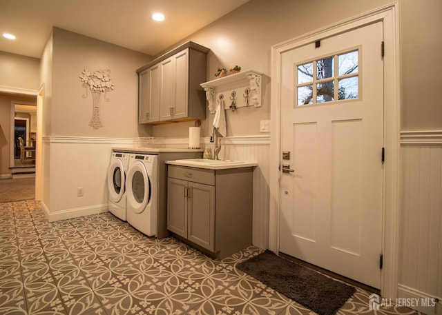 20 Wedgewood Ct, East Brunswick, NJ 08816 - clothes washing area with recessed lighting, a sink, a wainscoted wall, separate washer and dryer, and cabinet space
