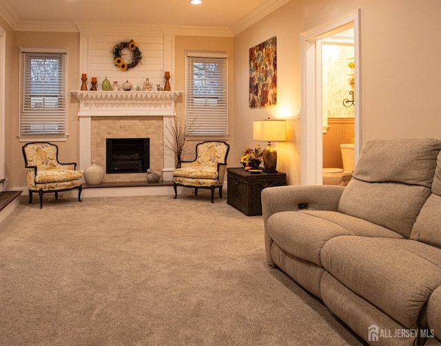 20 Wedgewood Ct, East Brunswick, NJ 08816 - carpeted living room featuring recessed lighting, a tiled fireplace, and crown molding