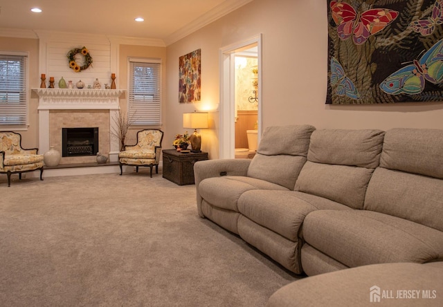 20 Wedgewood Ct, East Brunswick, NJ 08816 - living area with crown molding, carpet floors, a high end fireplace, and recessed lighting