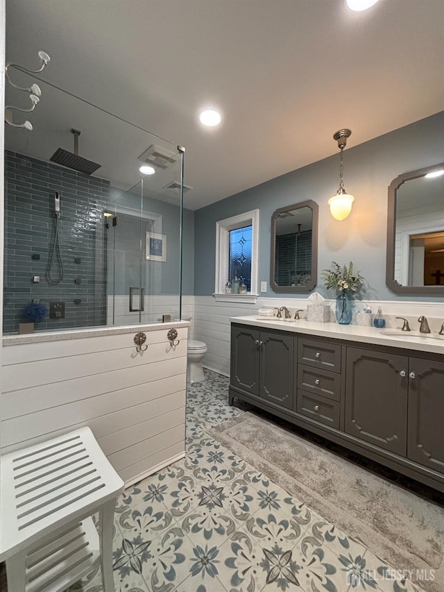 20 Wedgewood Ct, East Brunswick, NJ 08816 - bathroom with toilet, a sink, a shower stall, tile patterned flooring, and double vanity