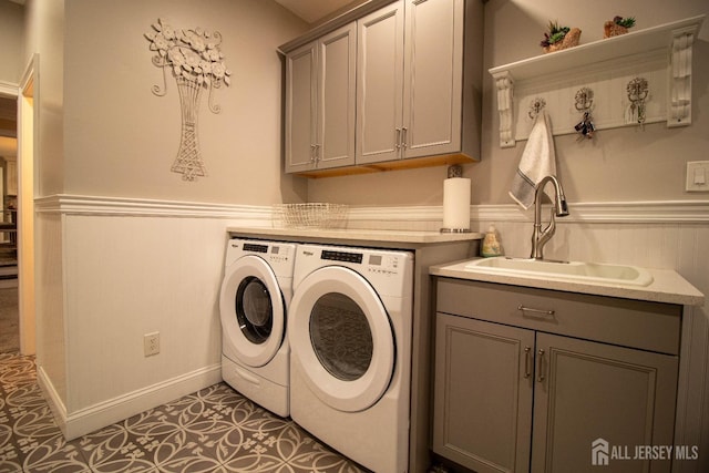 20 Wedgewood Ct, East Brunswick, NJ 08816 - laundry area with a sink, cabinet space, a wainscoted wall, and washer and dryer