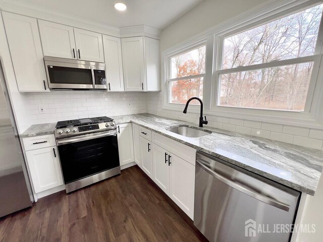 kitchen featuring light stone countertops, stainless steel appliances, white cabinetry, and sink