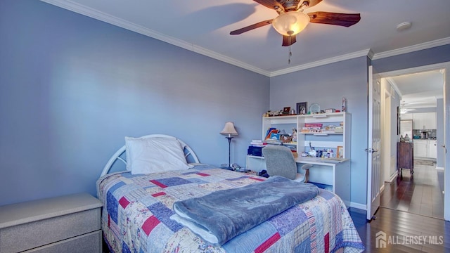 bedroom featuring ceiling fan, ornamental molding, dark wood finished floors, and baseboards