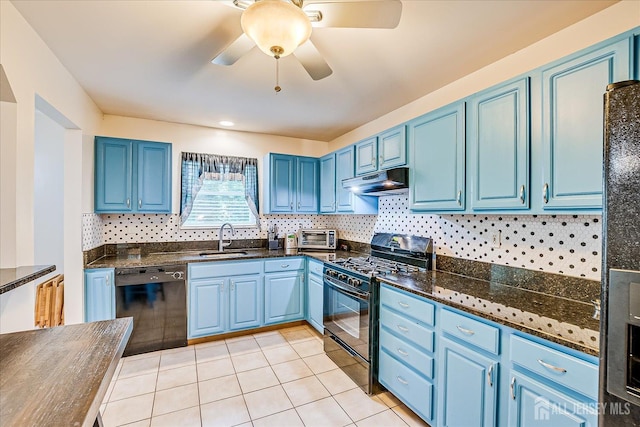 164 Mahar Ave, South Plainfield, NJ 07080 - kitchen with black appliances, under cabinet range hood, blue cabinetry, a ceiling fan, and light tile patterned flooring