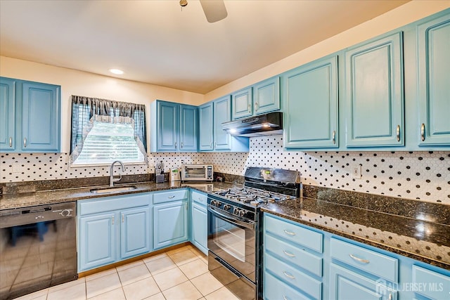 164 Mahar Ave, South Plainfield, NJ 07080 - kitchen featuring black appliances, under cabinet range hood, and blue cabinetry
