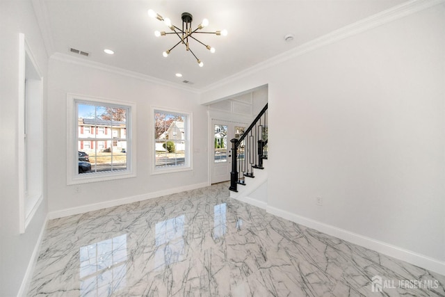 interior space featuring crown molding, visible vents, a chandelier, baseboards, and stairs