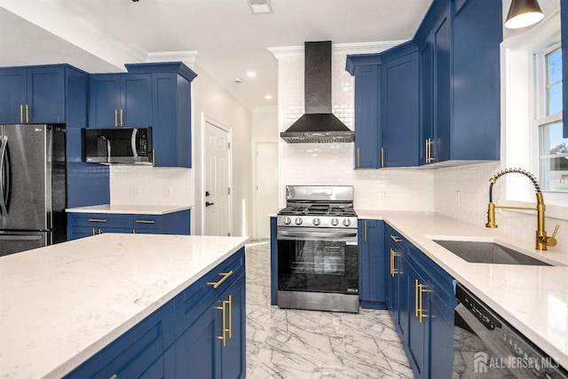 kitchen featuring blue cabinets, a sink, marble finish floor, black appliances, and wall chimney exhaust hood