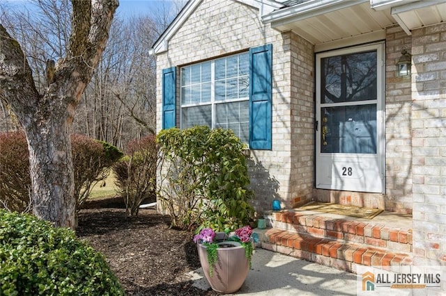 view of exterior entry featuring brick siding