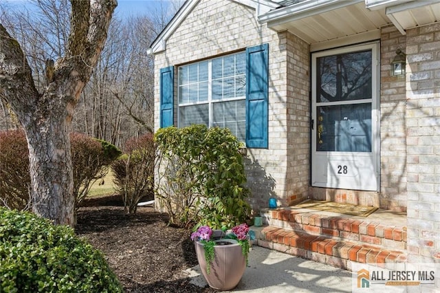 view of exterior entry with brick siding