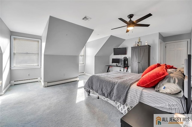 bedroom featuring visible vents, baseboard heating, and multiple windows