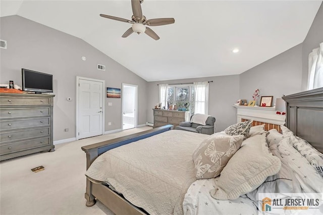 bedroom with light carpet, visible vents, baseboard heating, and lofted ceiling