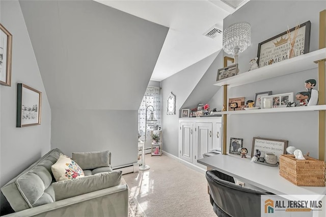 living area with lofted ceiling, a baseboard radiator, visible vents, and baseboards