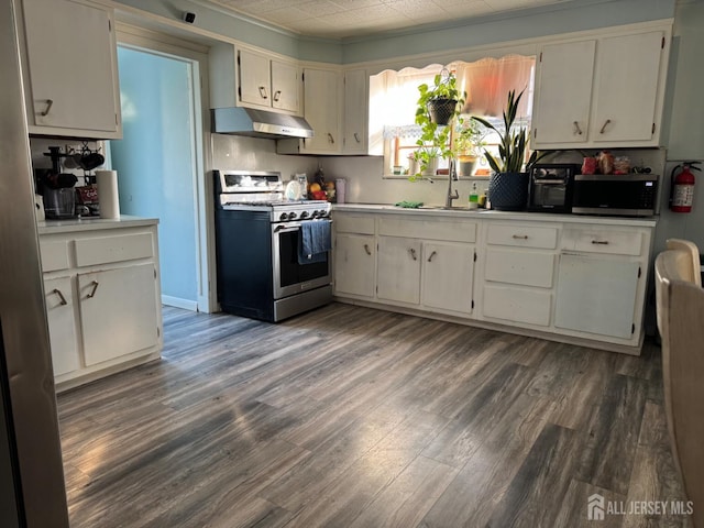 3350 E Washington Rd, Parlin, NJ 08859 - kitchen with stainless steel appliances, under cabinet range hood, a sink, and dark wood-style floors