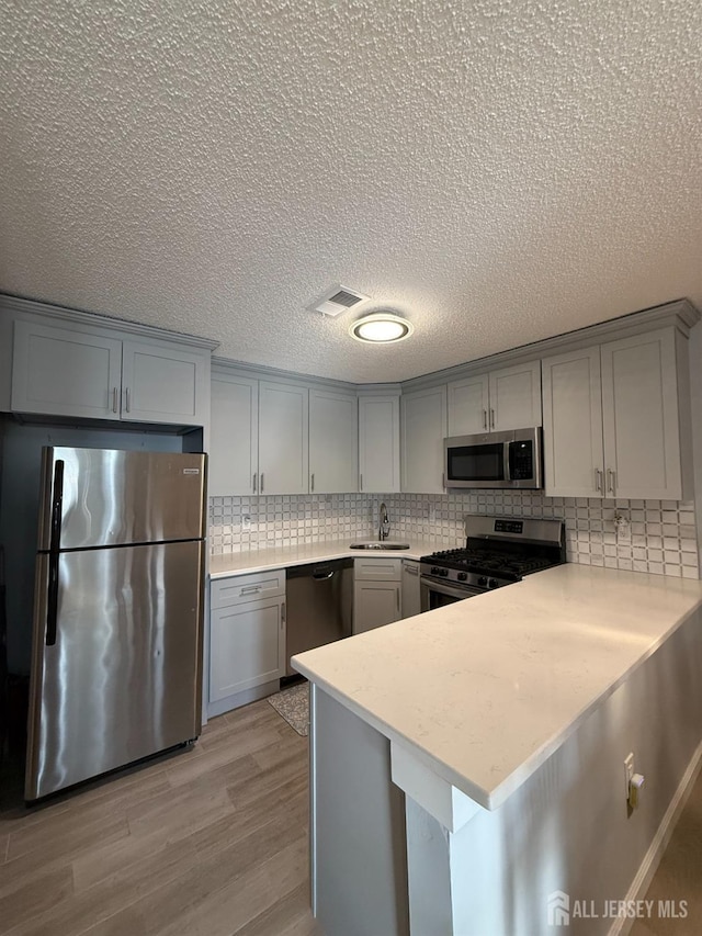 kitchen with sink, gray cabinets, appliances with stainless steel finishes, light hardwood / wood-style floors, and kitchen peninsula