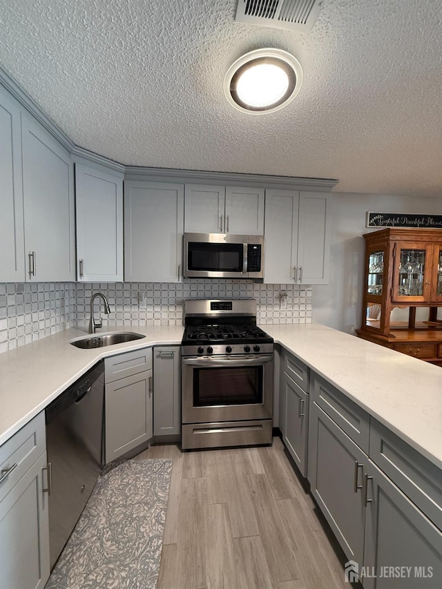 kitchen featuring sink, backsplash, appliances with stainless steel finishes, and gray cabinetry