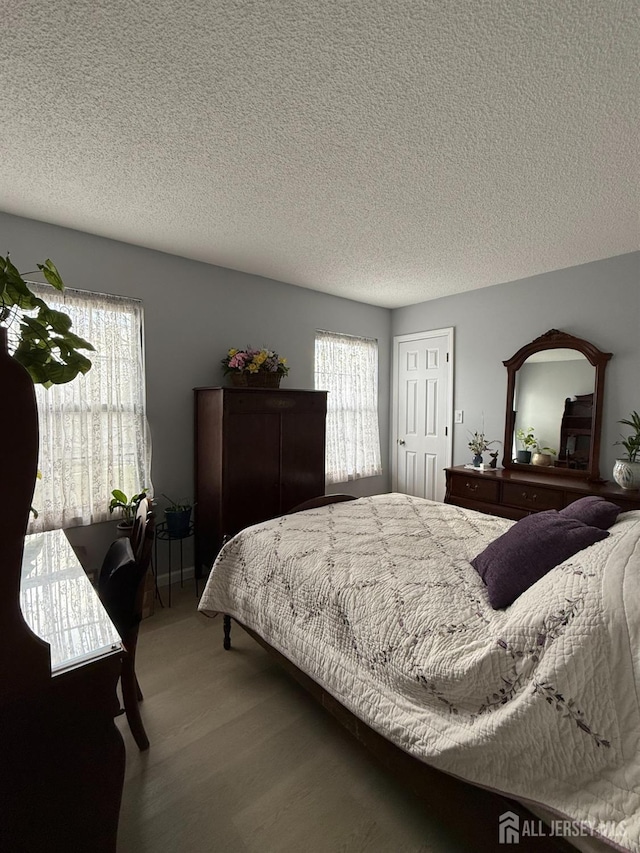 bedroom featuring multiple windows and a textured ceiling